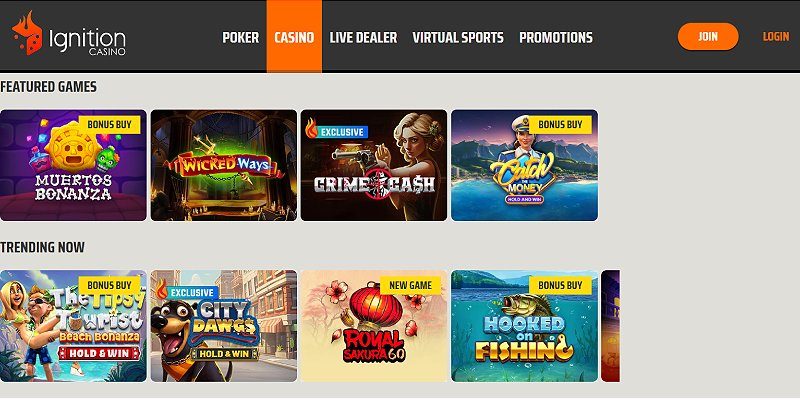 Ignition desktop casino lobby screenshot